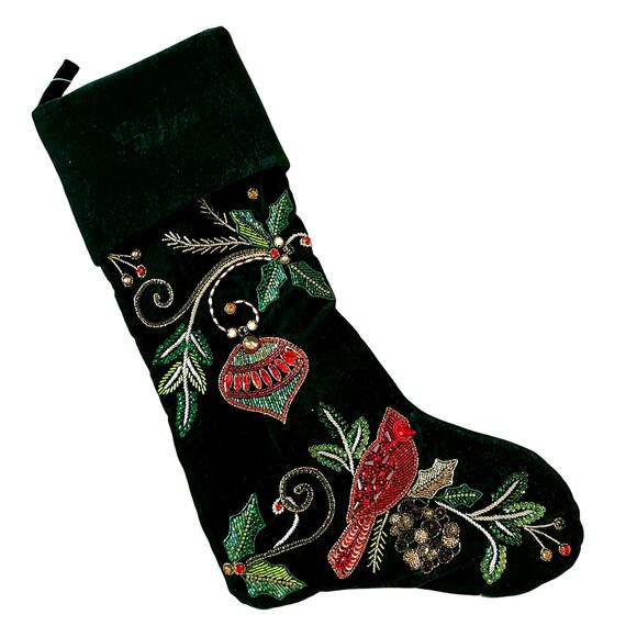 Neiman Marcus Embellished Green Velvet Christmas  Cardinal Stocking Holiday NEW - Picture 1 of 11